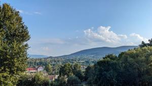 a view of a valley with trees and mountains at Apartament Jabłko-Mięta w Tymbarku in Tymbark