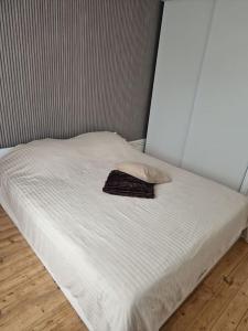 a bed with a white sheets and a pillow on it at Appartement Autun in Autun
