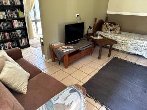 Charity Creek Retreat في Mount George: غرفة معيشة مع أريكة وتلفزيون بشاشة مسطحة