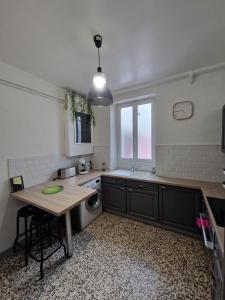 a kitchen with a table and a washing machine at Appartement Autun in Autun +5 photos