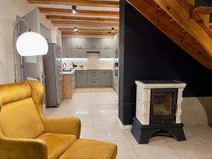 a living room with a fireplace and a kitchen at Duży domek na Polnej in Konin