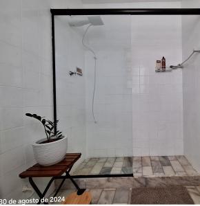 a bathroom with a shower with a potted plant at Casa da Prainha - a 3min da areia - aproveite até o pôr do sol! in Arraial do Cabo +25 photos