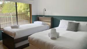 two beds in a room with a window at Treetop Retreat in Metung