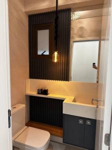 a bathroom with a toilet and a sink and a mirror at Apartamento 203 Maré cheia Praia de Bombas in Bombinhas