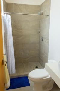 a bathroom with a toilet and a shower at House with pool near Riviera Nayarit beaches in Los Algodones
