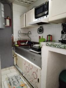 eine kleine Küche mit Spüle und Mikrowelle in der Unterkunft Suite Reforma Ahuehuete in Mexiko-Stadt