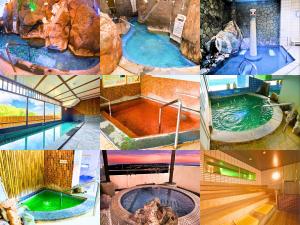 a collage of four pictures of a water park at Takasago Onsen in Asahikawa