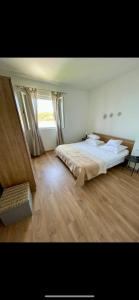 ein Schlafzimmer mit großem Bett und Holzboden in der Unterkunft Apartment MojMir 1 in Zavalatica