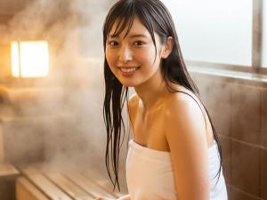 a woman in a white dress posing for a picture at Takasago Onsen in Asahikawa