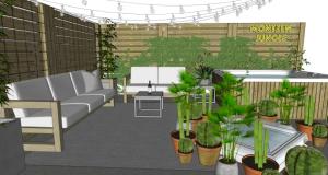 Een impressie van een terras met een bank en planten. bij Les Doms d'Alfred - GRINDOM in Plombières