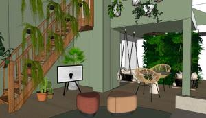 Een impressie van een woonkamer met trap en planten. bij Les Doms d'Alfred - GRINDOM in Plombières