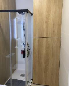 a shower with a glass door in a bathroom at Loft tranquilo a estrenar in Murcia