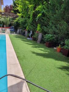 une cour avec une piscine et quelques plantes dans l'établissement Villa piscine confort, barbecue, à Marseille