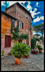 an old building with potted plants in front of it at ROMA ARCHAEOLOGICAL PARK Apartment in Ostia Antica