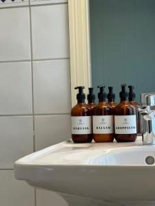 a group of bottles of alcohol sitting on a bathroom sink at Orkla Gjestebolig in Løkken