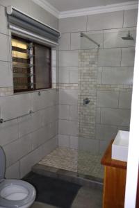 a bathroom with a shower with a toilet and a sink at Flamboyant Apartments in St Lucia