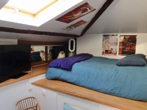 a bedroom with a large bed and a tv at Loft style condo 4 people in central and trendy Paris in Paris