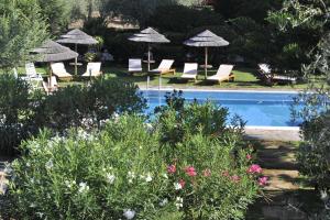 a swimming pool with lounge chairs and umbrellas at Country Hotel Vessus in Alghero