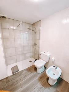 a bathroom with a toilet and a shower and a sink at Pitayas Apartment in Corralejo +16 photos