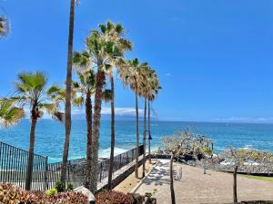 a row of palm trees on a beach with the ocean at Blue Garden - cozy apartment with Atlantic views in Puerto de Santiago