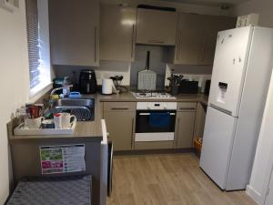 a kitchen with a white refrigerator and a sink at X marina breeze x in Swansea
