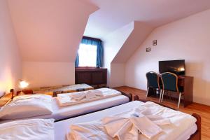 a bedroom with two beds and a desk and a fireplace at Hotel Stara Skola in Sloup