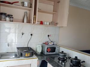 a kitchen with a stove and a microwave on a counter at Cozy 1BR Apartment along Eldoret-Kisumu road close to Eldoret Polytechnic and Elgon View Hospital in Eldoret
