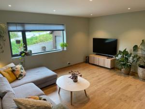 a living room with a couch and a flat screen tv at Presthusvegen in Trondheim
