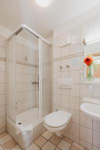 a bathroom with a shower and a toilet and a sink at Haus Hildegard in Bad Füssing