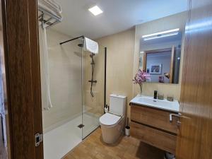 Un baño con inodoro, lavabo y ducha. en Apartamento Nara Playa, en Boiro