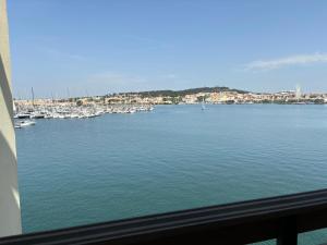 a view of a harbor with boats in the water at Studio cabine vue mer Agde Ile des pecheurs in Cap d'Agde