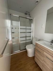 a bathroom with a shower and a toilet and a sink at Triplex Loft Mountain ZONA BAJA in Sierra Nevada +16 photos