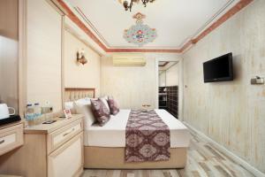 a hotel room with a bed and a television at Aldem Hotel in Istanbul