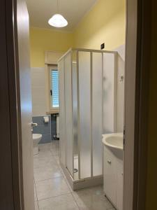 a bathroom with a shower and a sink and a toilet at Spazioso appartamento - Casa Fe in Rossano Stazione