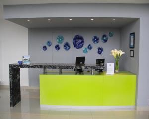 a green counter with blue plates on the wall at Mision Express Xalapa Centro in Xalapa