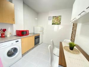 a kitchen with a washing machine and a table with chairs at Itos Flats Pravia in Pravia