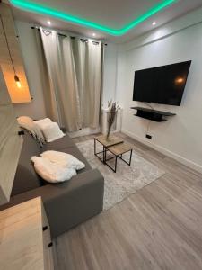 Una sala de estar con un sofá y un televisor de pantalla plana. en Charmant appartement Joinvillais, en Joinville-le-Pont