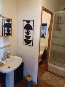 a bathroom with a sink and a shower at Duplex 85m2 au coeur de la nature à Montpezat-sous-Bauzon in Montpezat-sous-Bauzon +22 photos