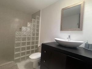 Un baño con lavabo, inodoro y espejo. en Casa Monasterios, en Ciudad de México