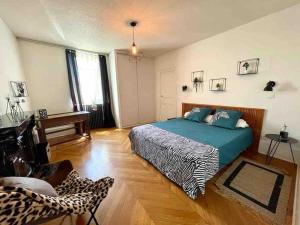 a bedroom with a bed and a chair in it at Grand appartement centre ville in Le Creusot