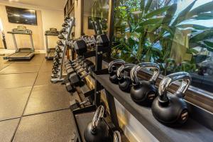 a row of kettlebells in a gym at Hotel Saint George in Puerto Iguazú