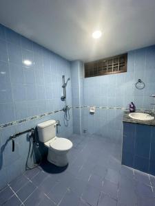 a blue bathroom with a toilet and a sink at SS Homestay in Johor Bahru