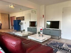 un soggiorno con divano e TV a schermo piatto di fewo1846 - Wellenrauschen - strandnahes Apartment mit Balkon und Meerblick a Harrislee Altre 10 foto