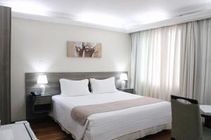 a hotel room with a bed and a desk at Hotel Acrópolis in Santana do Livramento