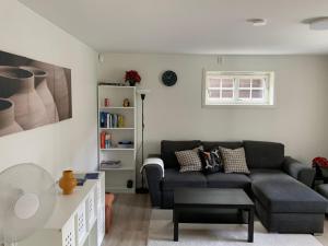 Χώρος καθιστικού στο Moderne og fullt utstyrt 3-rom hageleilighet sentrum nær