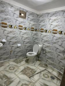 a bathroom with a toilet and a stone wall at Dar Dyafa in Aït Daoud +15 photos