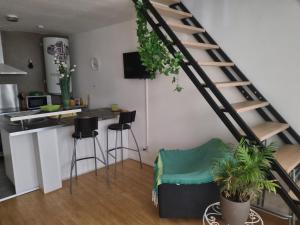 a living room with a kitchen and a spiral staircase at Tournus Castrum Romain - Duplex 54 m2 - 3 Étoiles - petit box vélo - 5mn Autoroute in Tournus +11 photos