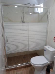 a bathroom with a toilet and a glass shower at Fish eye in Nikiti +41 photos