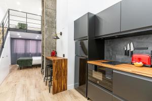 a kitchen with stainless steel appliances and a loft bed at VR OBREGON APARTMENTS in Madrid
