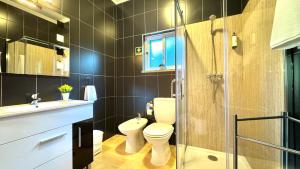 a bathroom with a toilet and a glass shower at Casa da Oliveira, Aradas, Pampilhosa da Serra, Wifi, Ar Condicionado, Churrasqueira, Parqueamento, by IG in Unhais-o-Velho +47 photos